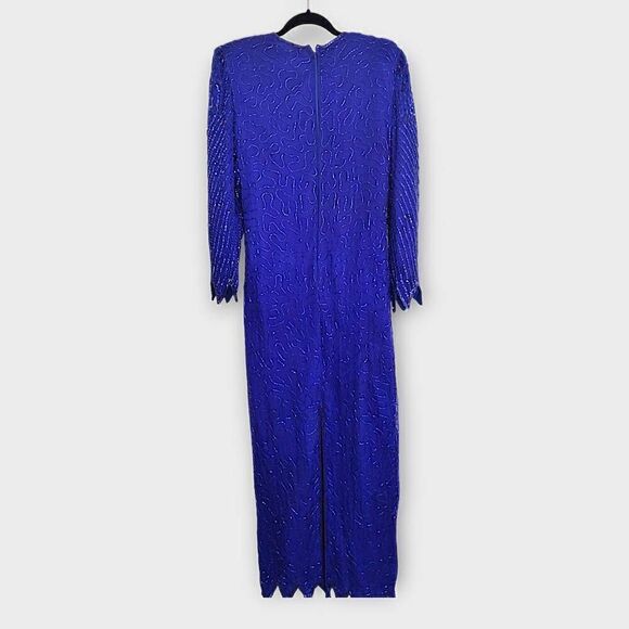 VTG Denise Elle Formal Gown‎ Sz Medium Blue Silk Beaded 80s Maxi Mermaid Glam - Picture 2 of 16